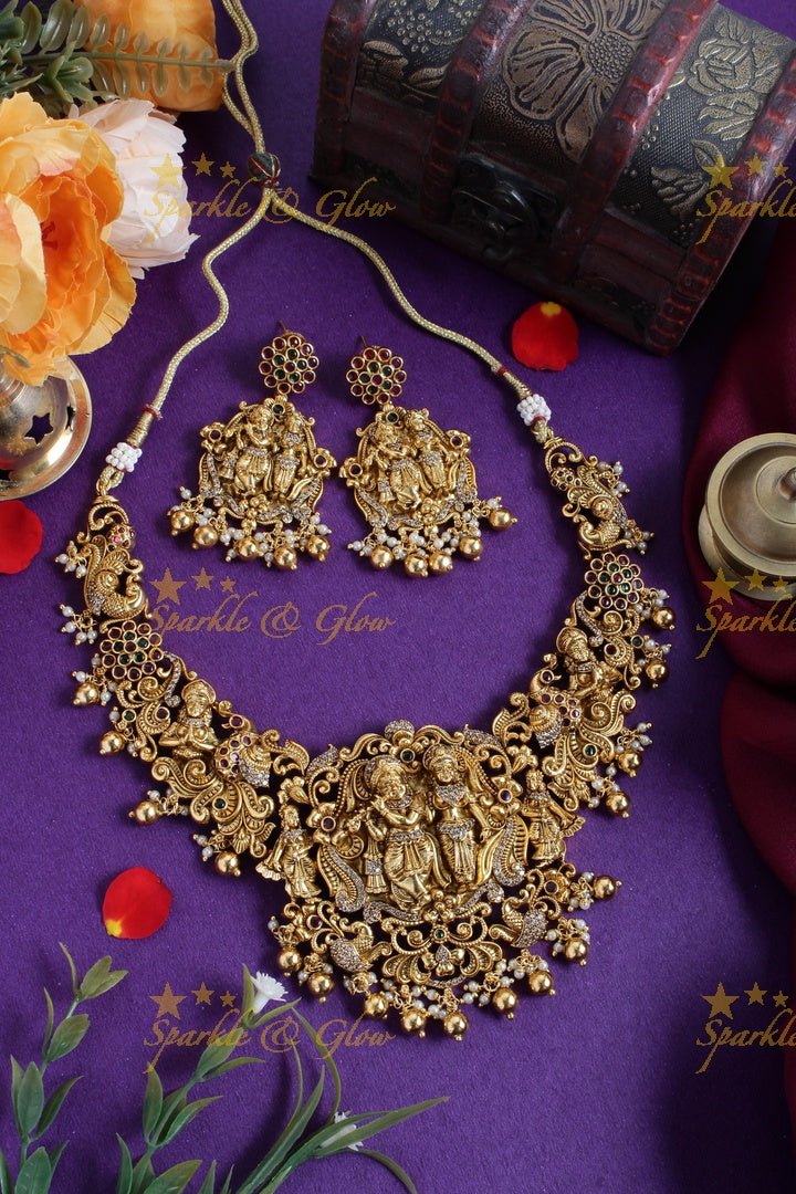 Gold alike short Lord RadhaKrishna carved floral pearl gold beads necklace - Sparkle and Glow - Back Thread - 