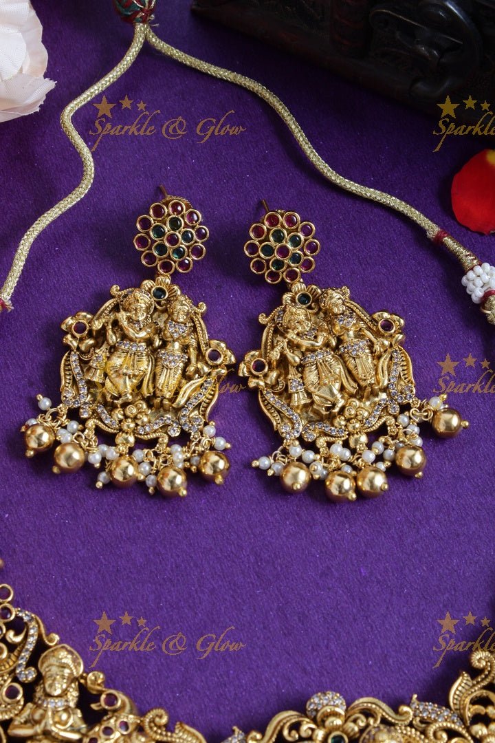 Gold alike short Lord RadhaKrishna carved floral pearl gold beads necklace - Sparkle and Glow - Back Thread - 