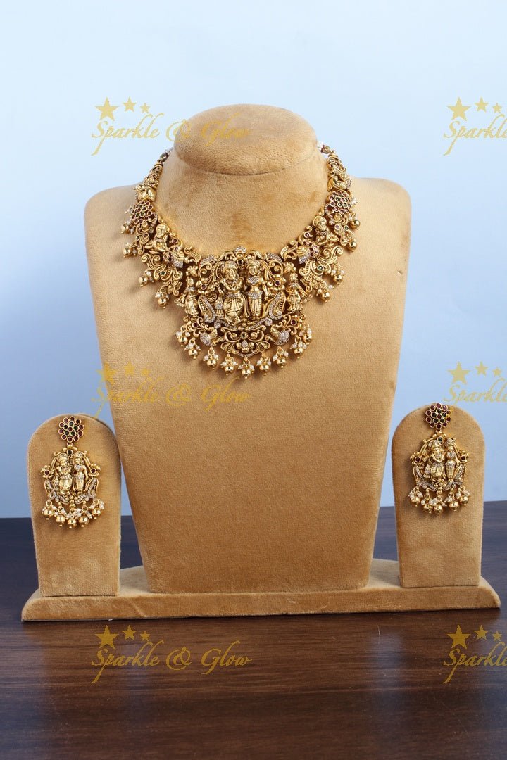 Gold alike short Lord RadhaKrishna carved floral pearl gold beads necklace - Sparkle and Glow - Back Thread - 