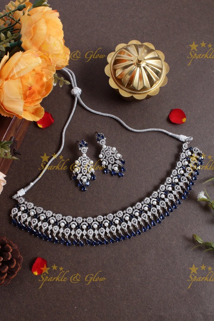 Silver GJ Polish half moon design AD blue necklace - Sparkle and Glow - Back Thread - 