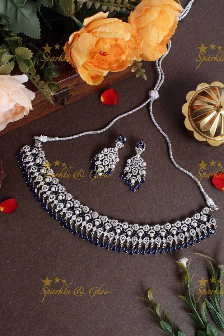 Silver GJ Polish half moon design AD blue necklace - Sparkle and Glow - Back Thread - 