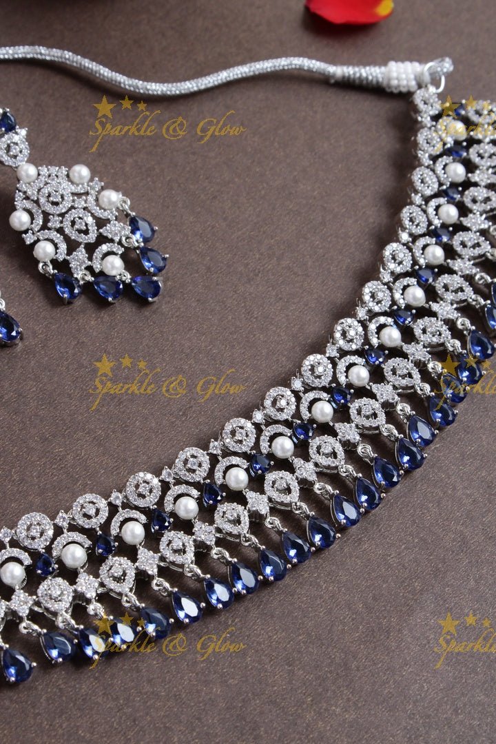 Silver GJ Polish half moon design AD blue necklace - Sparkle and Glow - Back Thread - 