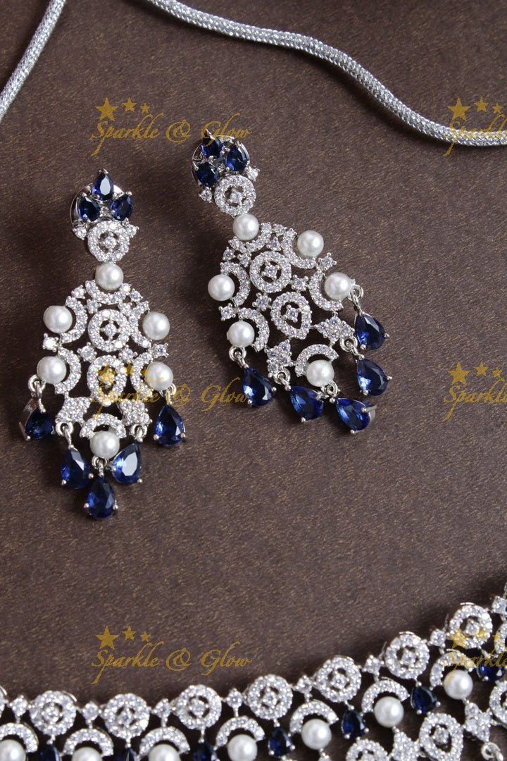 Silver GJ Polish half moon design AD blue necklace - Sparkle and Glow - Back Thread - 