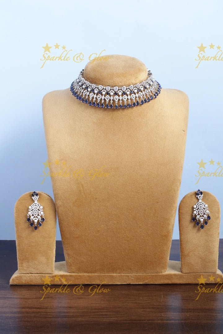 Silver GJ Polish half moon design AD blue necklace - Sparkle and Glow - Back Thread - 