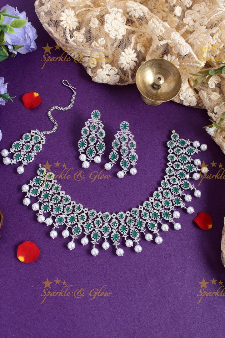 Beautiful GJ Polish Oval design AD necklace with tikka- Green