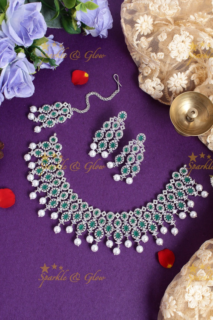 Beautiful GJ Polish Oval design AD necklace with tikka- Green