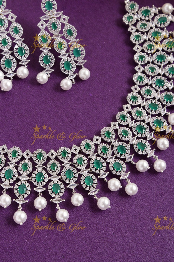 Beautiful GJ Polish Oval design AD necklace with tikka- Green