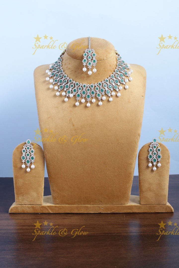Beautiful GJ Polish Oval design AD necklace with tikka- Green