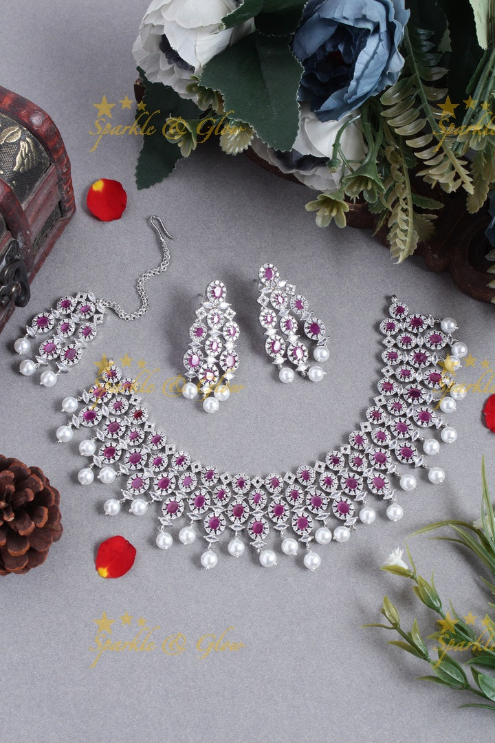 Beautiful GJ Polish Oval design AD necklace with tikka- Green