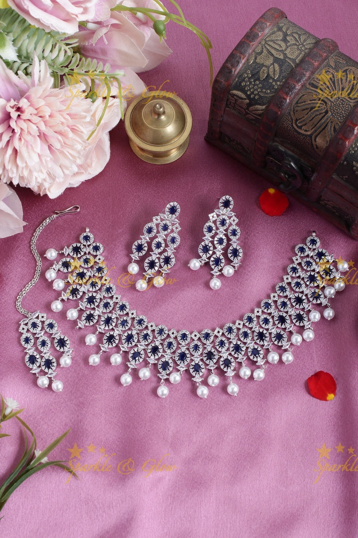 Beautiful GJ Polish Oval design AD necklace with tikka- Green