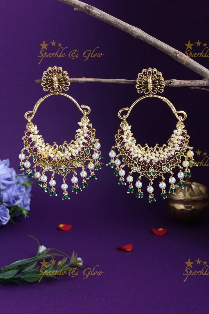 Gold alike butterfly studded peacock carved pearl cluster chandbalis - Pearl - Sparkle and Glow