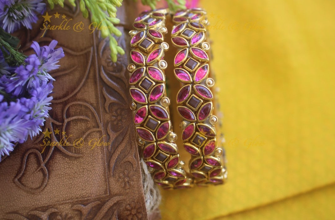 Silk thread flower design bangle a pair -Pink Brown