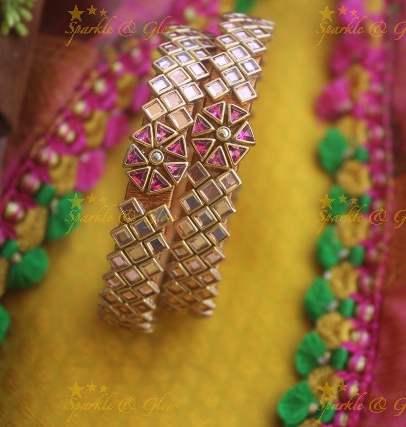 Silk thread center flower design square stone Kundan bangle a pair - Dark Pink Light Pink - Sparkle and Glow - 1.10 - 