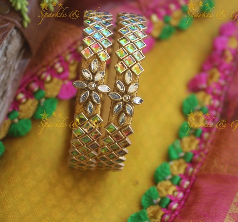Silk thread center flower design square stone Kundan bangle a pair -Multi