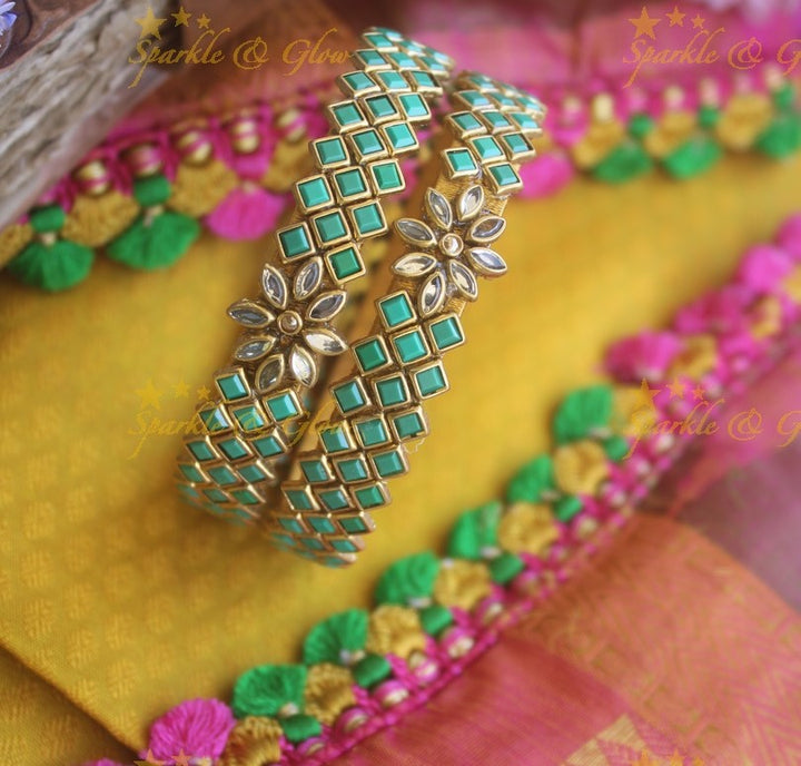 Silk thread center flower design square stone Kundan bangle a pair -Sea Green