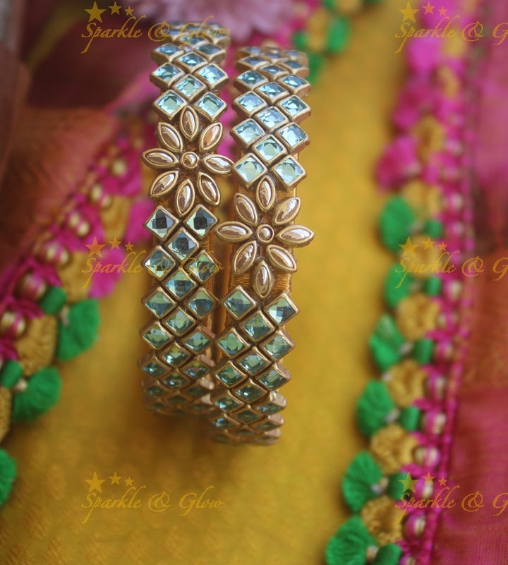 Silk thread center flower design square stone Kundan bangle a pair -Pastel Blue