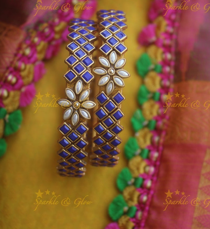 Silk thread center flower design square stone Kundan bangle a pair -Navy Blue Pearl