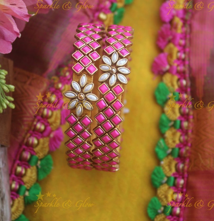 Silk thread center flower design square stone Kundan bangle a pair -Pink Pearl
