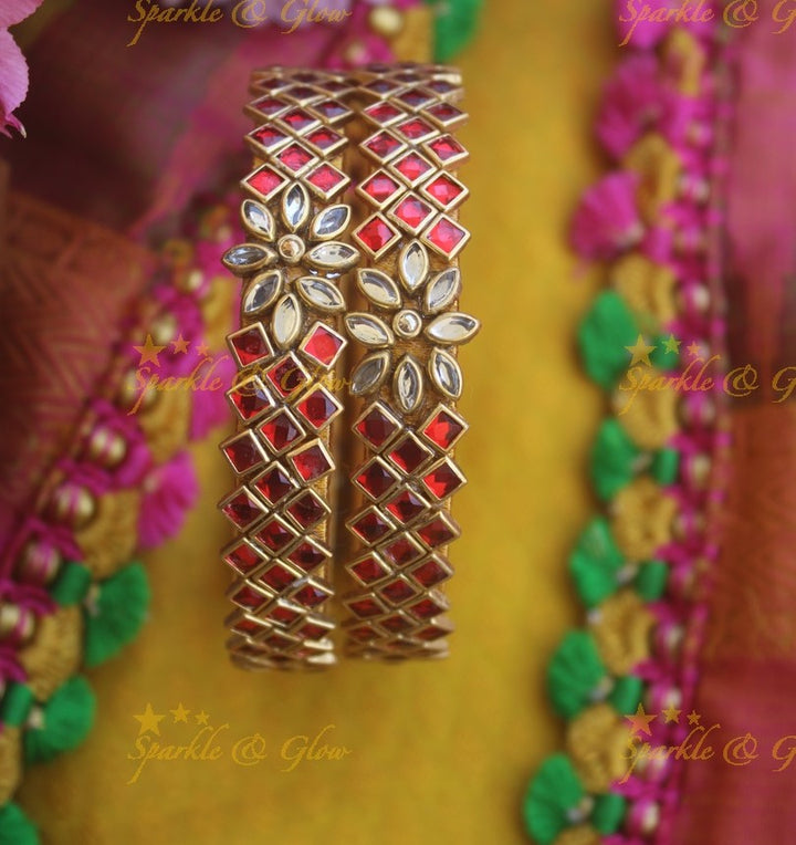 Silk thread center flower design square stone Kundan bangle a pair -Red