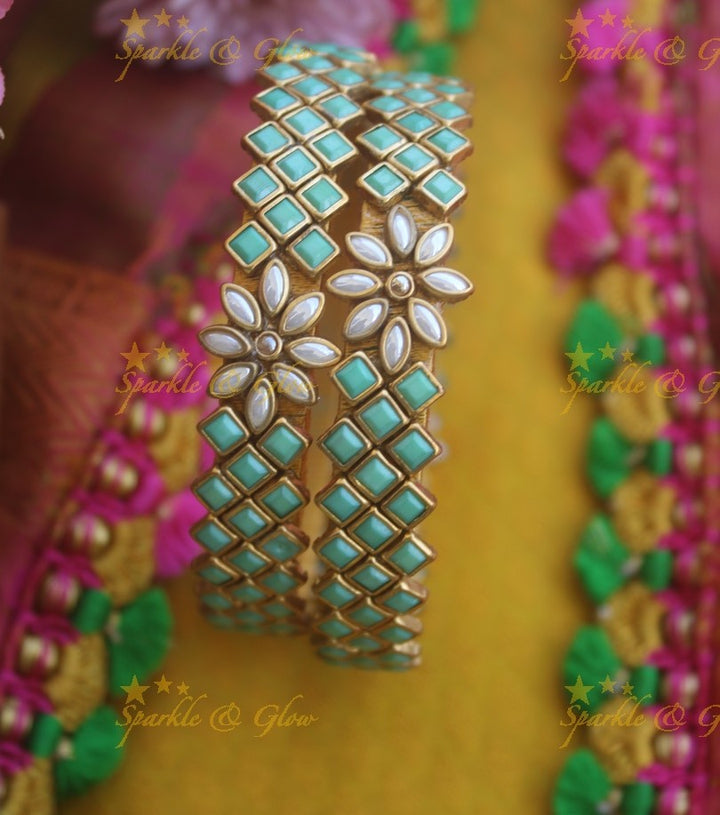 Silk thread center flower design square stone Kundan bangle a pair -Light Green Pearl
