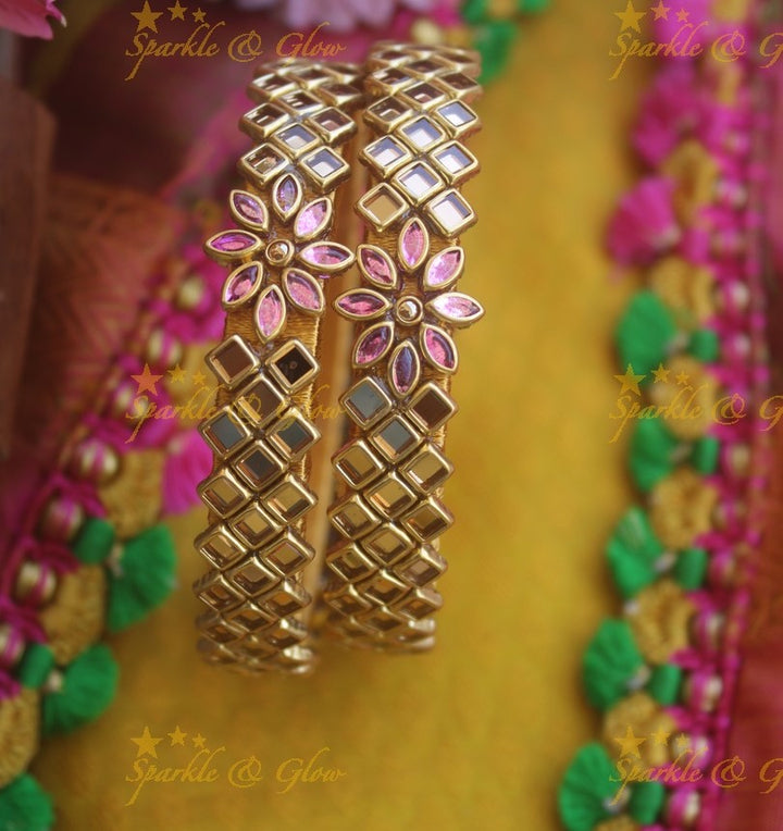 Silk thread center flower design square stone Kundan bangle a pair -Golden Pink