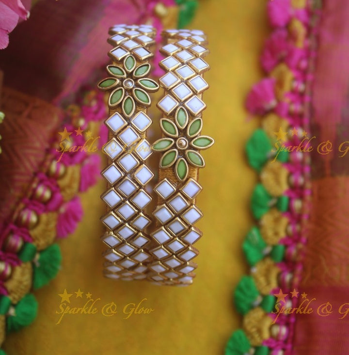 Silk thread center flower design square stone Kundan bangle a pair -Pearl Green