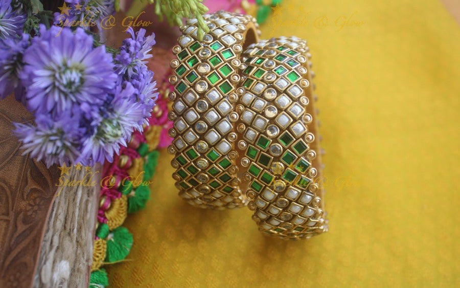 Silk Thread Thick block design kundan bangles a pair - Sparkle and Glow - 1.10 - 