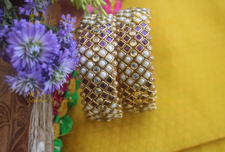 Silk Thread Thick block design kundan bangles a pair - Purple Pearl