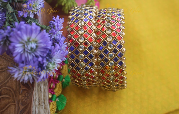 Silk Thread Thick block design kundan bangles a pair - Blue Red