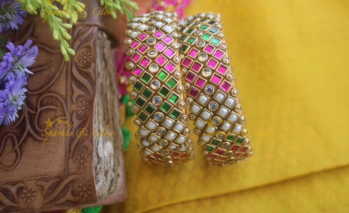 Silk Thread Thick block design kundan bangles a pair - Pink Green Pearl
