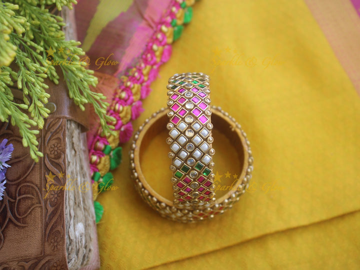 Silk Thread Thick block design kundan bangles a pair - Pink Green Pearl