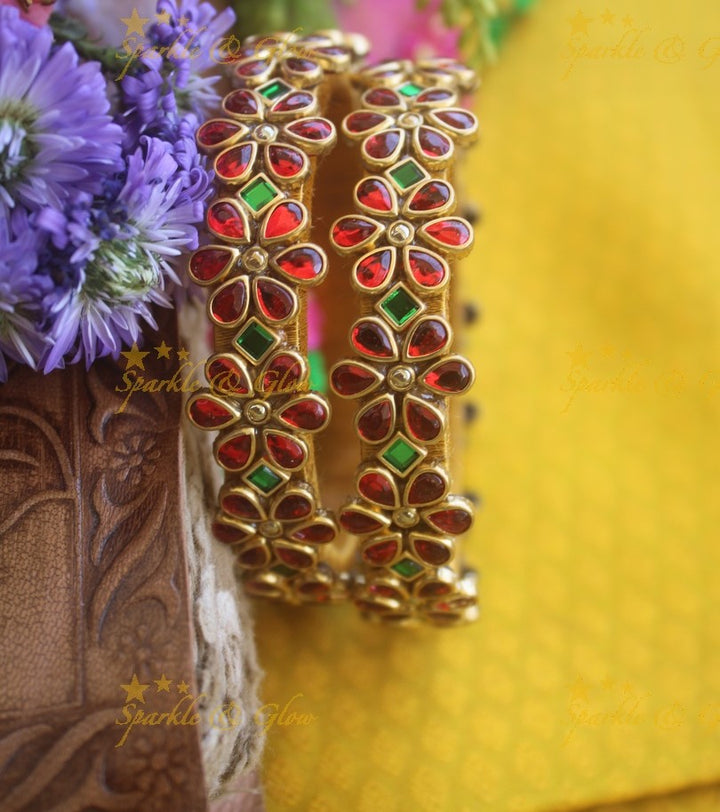 Silk thread flower design bangle a pair -Red Green