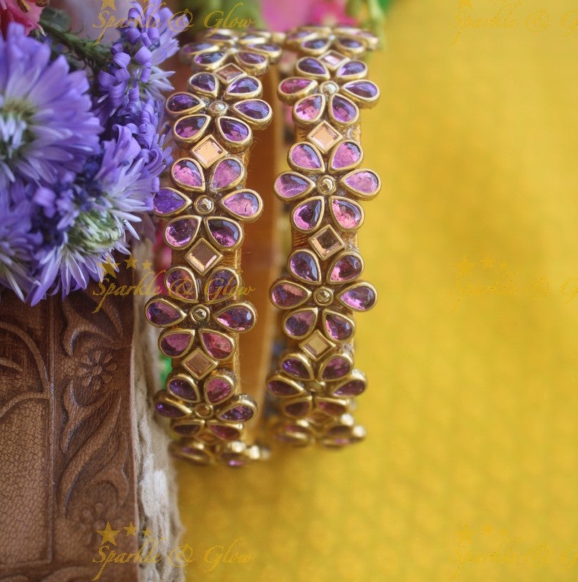 Silk thread flower design bangle a pair - Purple Gold