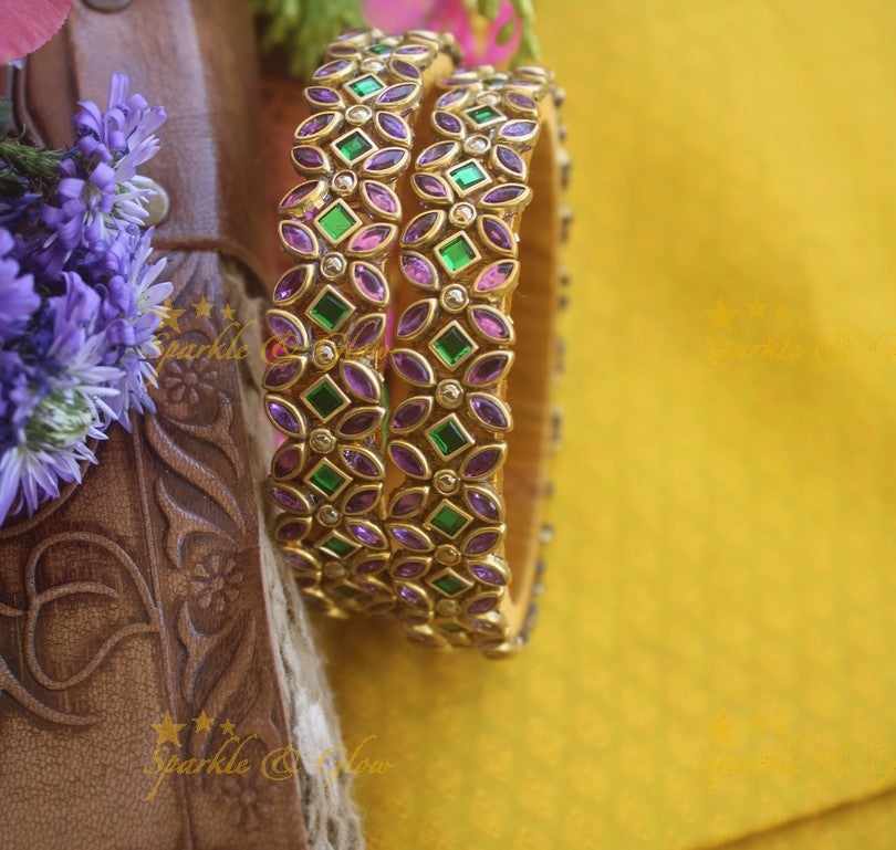 Silk thread flower design bangle a pair - Purple Green
