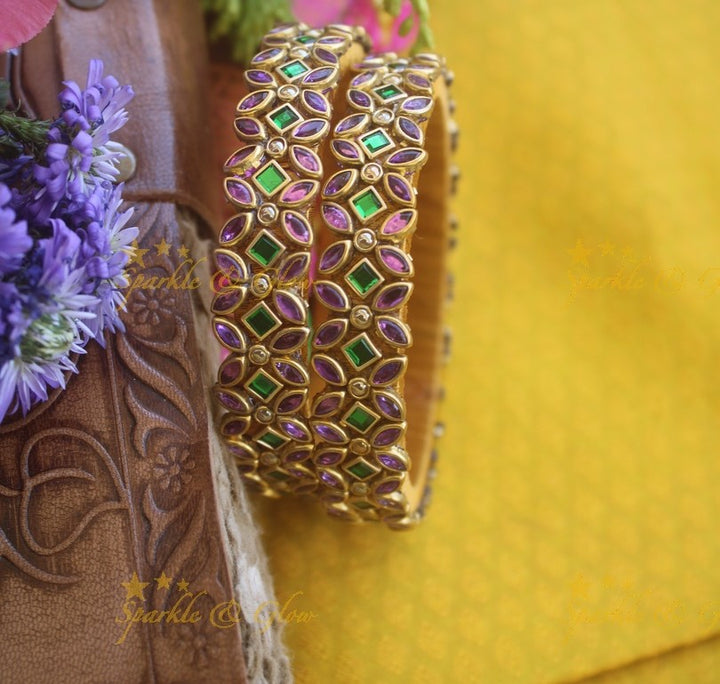 Silk thread flower design bangle a pair - Purple Green