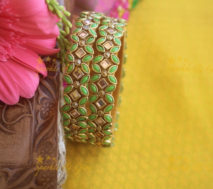 Silk thread flower design bangle a pair - Green Gold