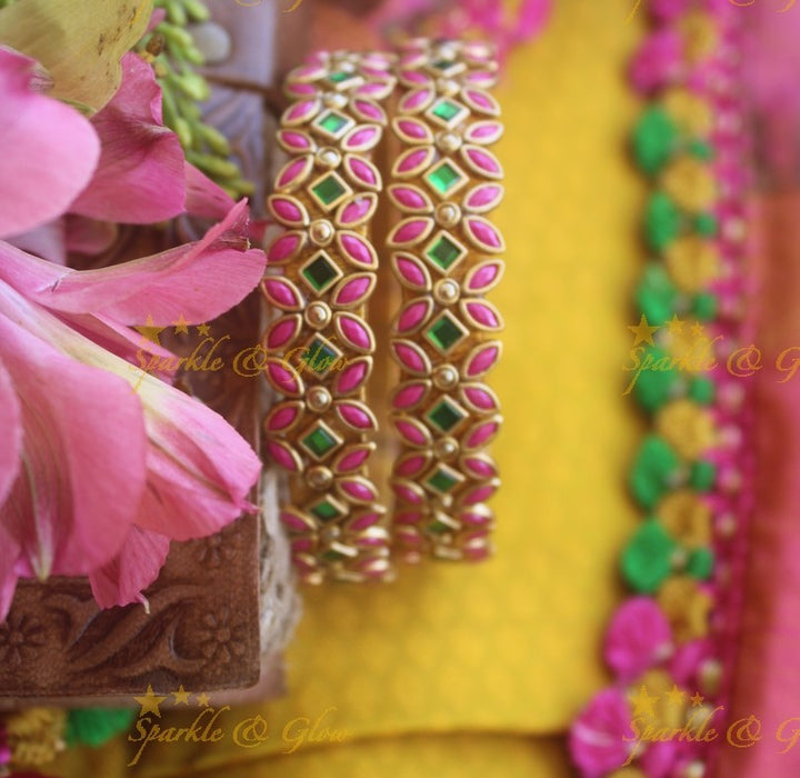 Silk thread flower design bangle a pair - Pink Green