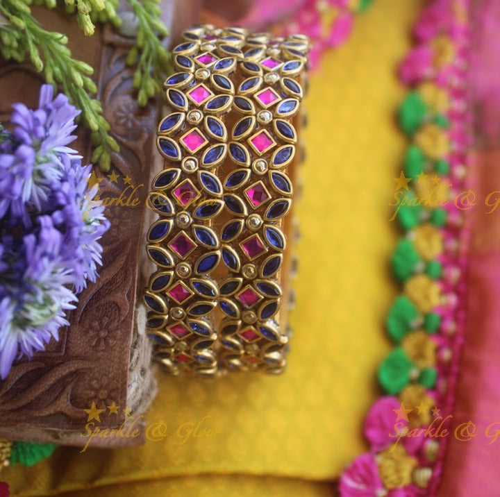 Silk thread flower design bangle a pair - Dark BLue PInk