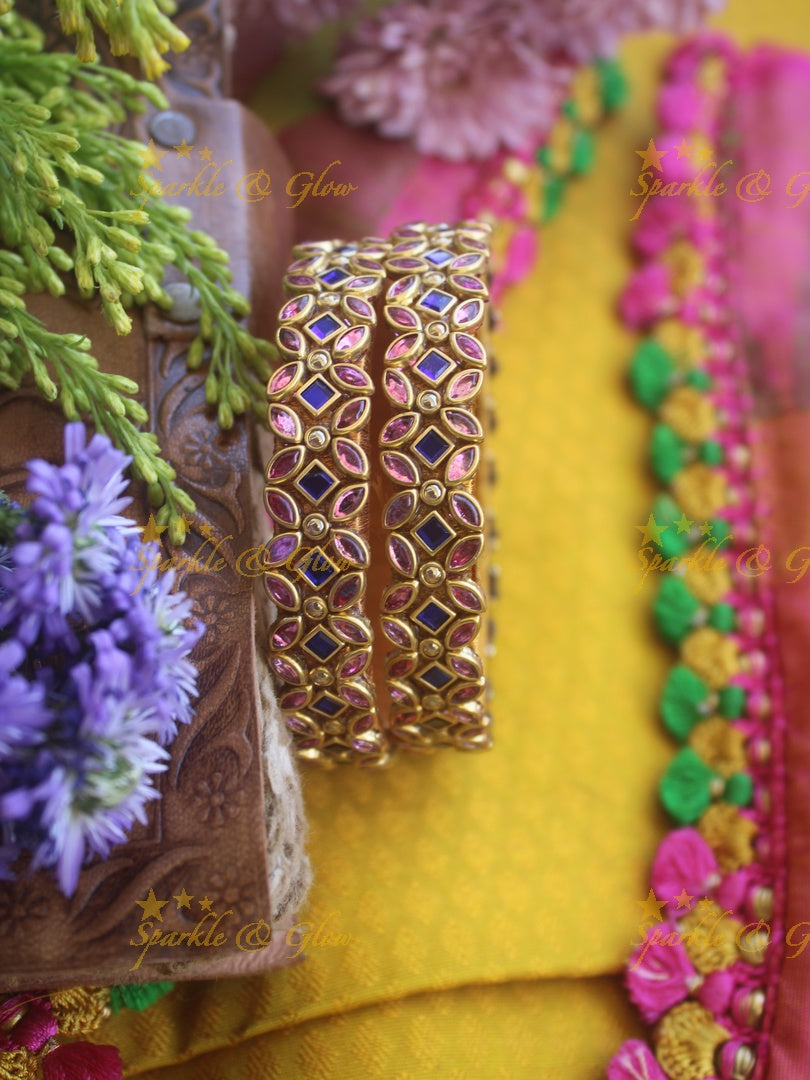 Silk thread flower design bangle a pair - Light Pink Blue
