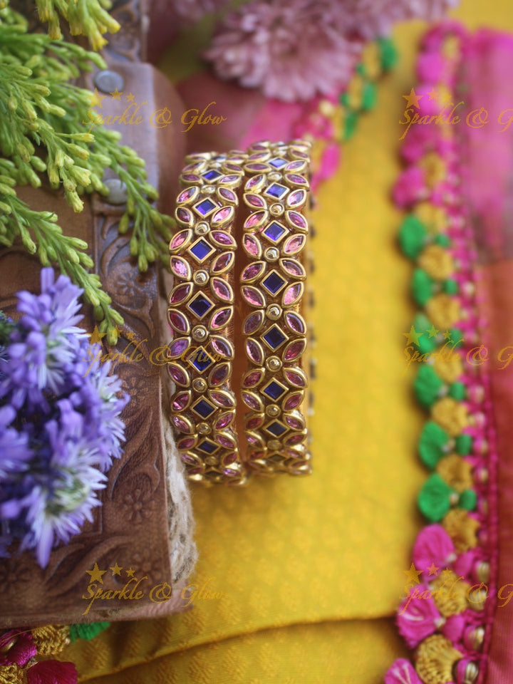Silk thread flower design bangle a pair - Light Pink Blue