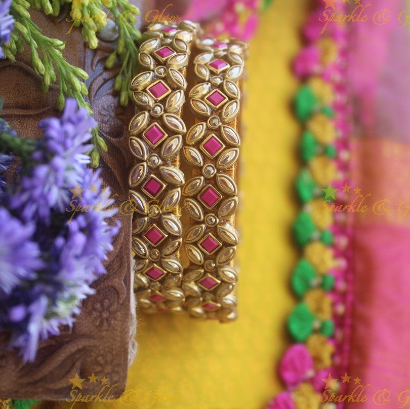 Silk thread flower design bangle a pair - Pearl Pink