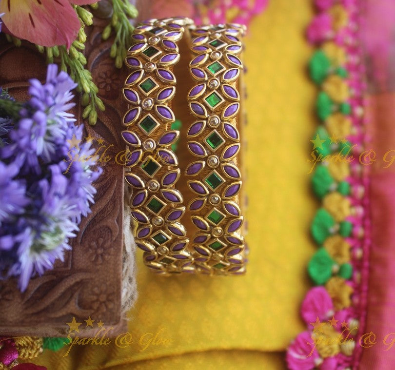 Silk thread flower design bangle a pair - Blue Green