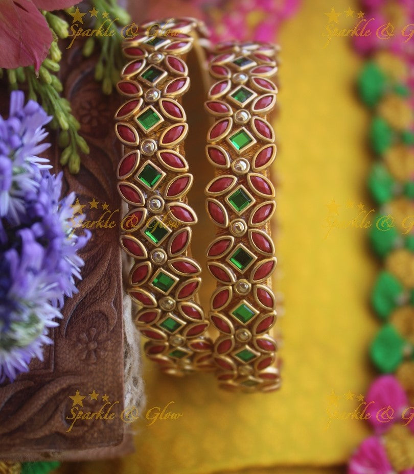 Silk thread flower design bangle a pair - Coral Green