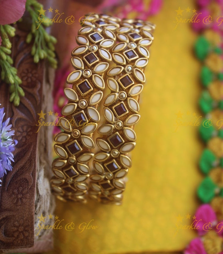 Silk thread flower design bangle a pair - White Brown