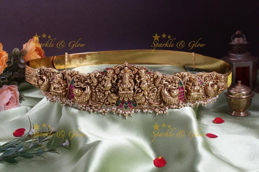 Exclusive Lakshmi pecaock leaf carved pearl hipbelt - Sparkle and Glow