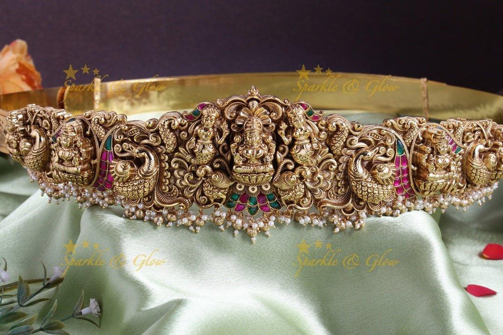 Exclusive Lakshmi pecaock leaf carved pearl hipbelt - Sparkle and Glow