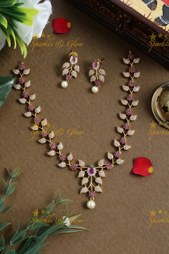 Premium Matte leaf deisgn floral AD necklace - Sparkle and Glow