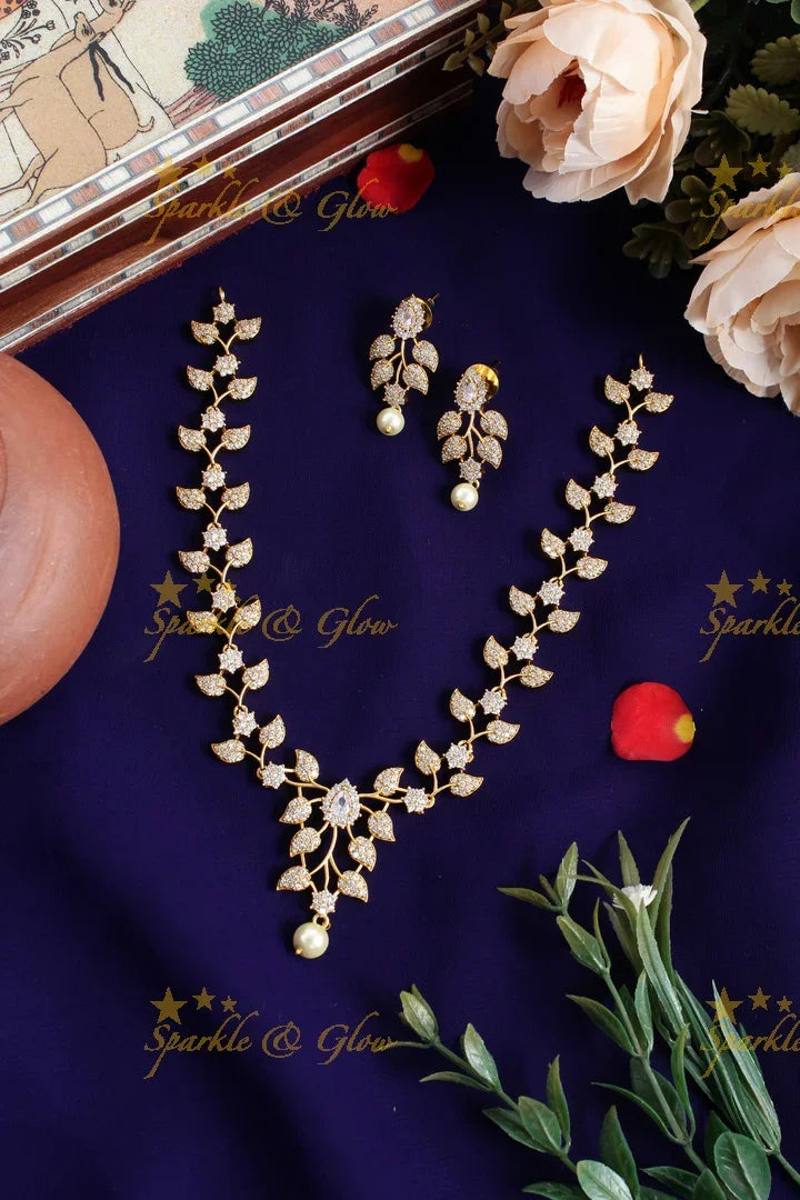 Premium Matte leaf deisgn floral AD necklace - Sparkle and Glow