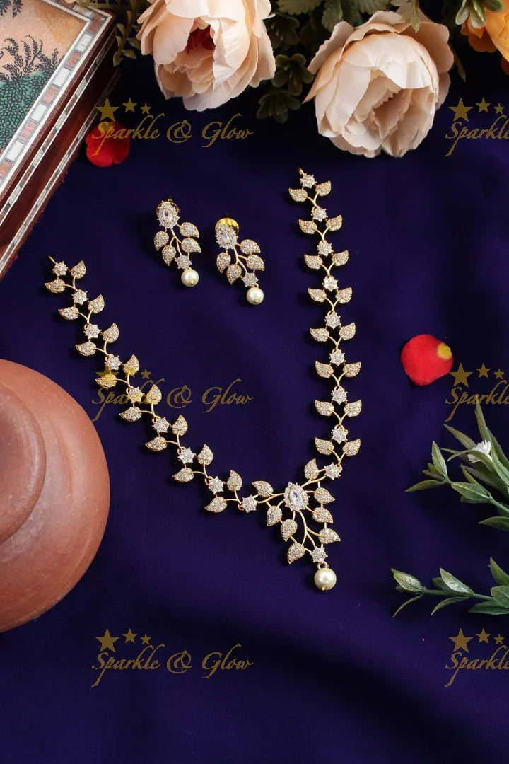 Premium Matte leaf deisgn floral AD necklace - Sparkle and Glow