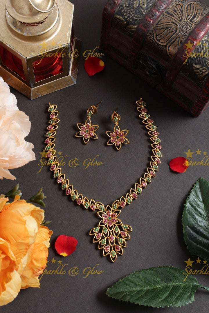 Premium Matte oval deisgn floral AD necklace - Multi